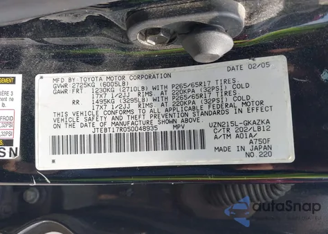 2005 Toyota 4Runner Limited V8 из США, поврежденный, VIN JTEBT17R050048935